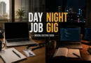 Split Indian workspace showing corporate office setup and late-night freelance work culture in India