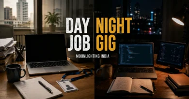 Split Indian workspace showing corporate office setup and late-night freelance work culture in India