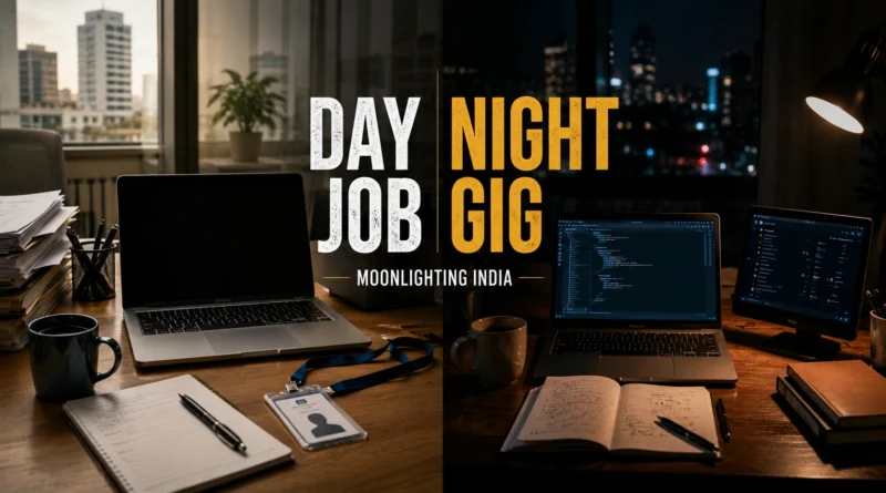 Split Indian workspace showing corporate office setup and late-night freelance work culture in India