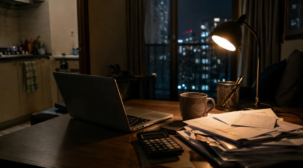 Late-night Indian apartment workspace with laptop, bills and tea cup symbolising financial pressure