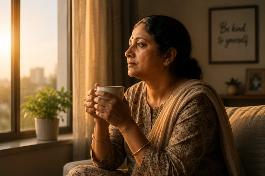 Peaceful Indian mother sitting quietly near window during sunrise holding tea cup