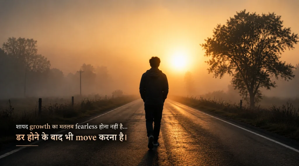 Silhouette walking alone on foggy sunrise road symbolizing uncertain future and growth