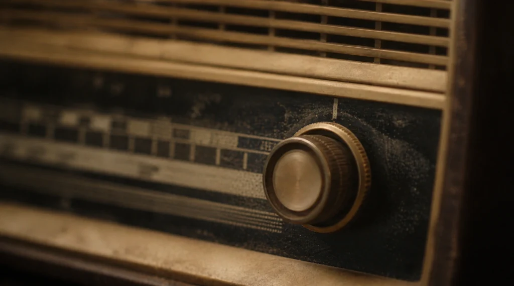 Close-up of old radio dial with worn markings and tuning knob