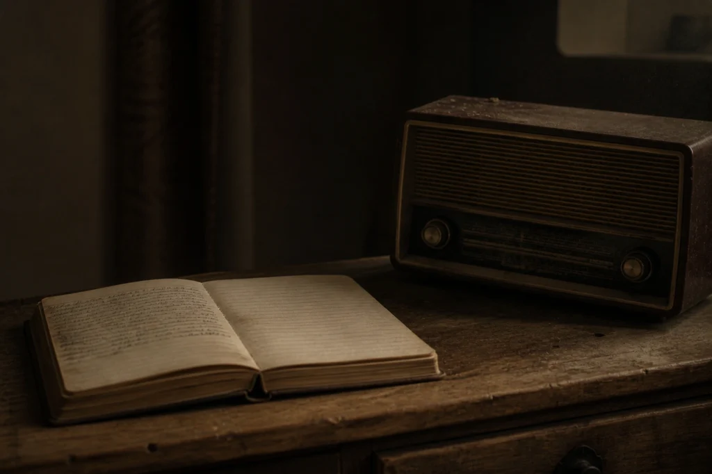 Open diary with half-written page beside old radio in low light