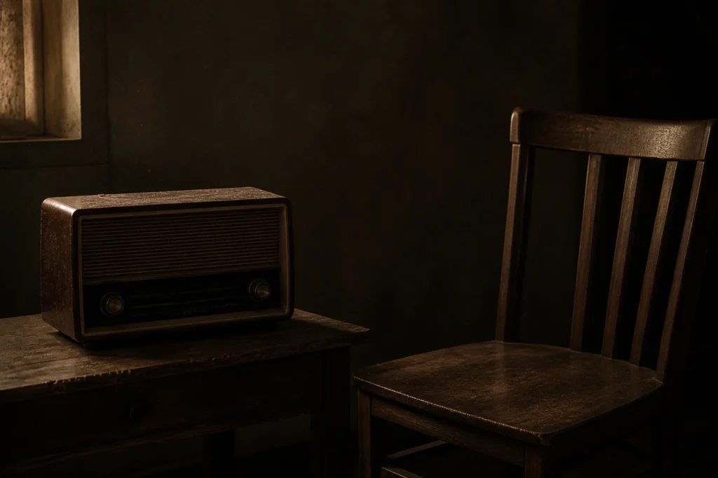 Empty wooden chair beside switched off radio in dark room