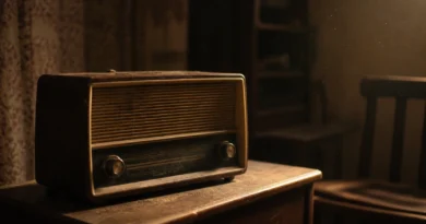 Old Murphy radio on wooden table in dim Indian room with warm light