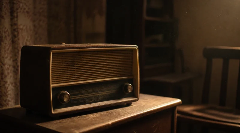 Old Murphy radio on wooden table in dim Indian room with warm light