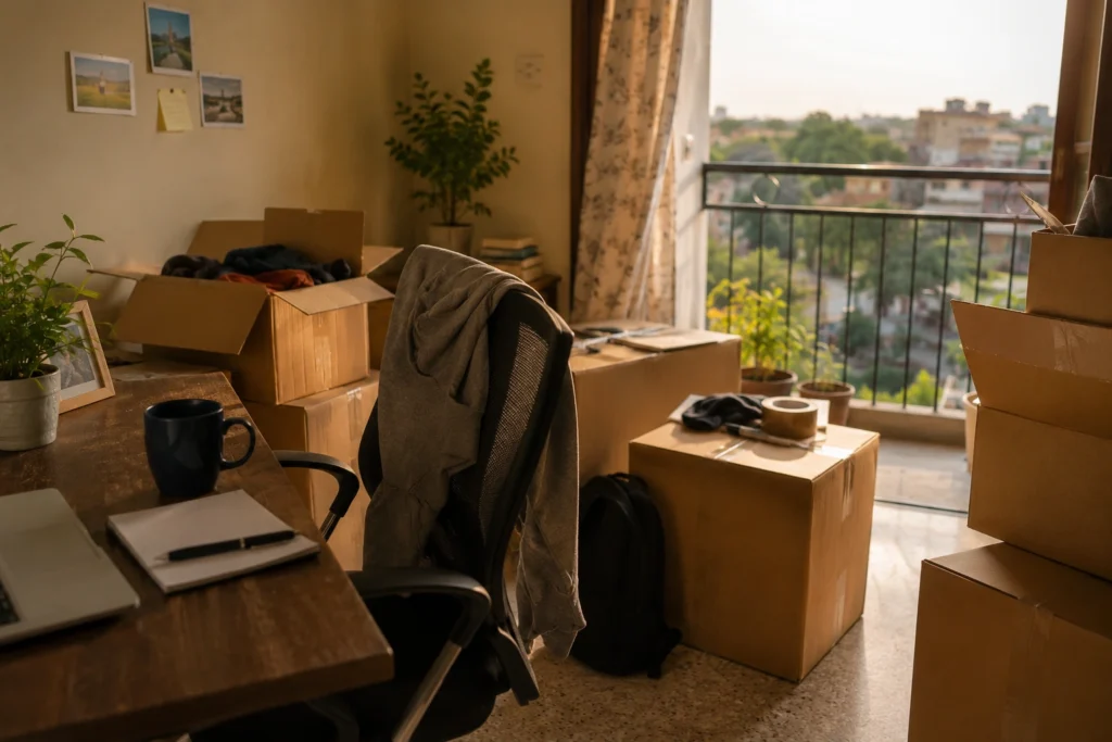 half unpacked apartment after moving from city to hometown