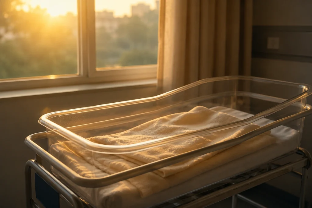 Empty newborn baby crib in soft morning light inside hospital room