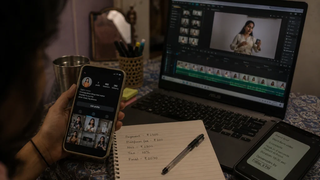 Smartphone showing low follower count while creator edits branded content on laptop