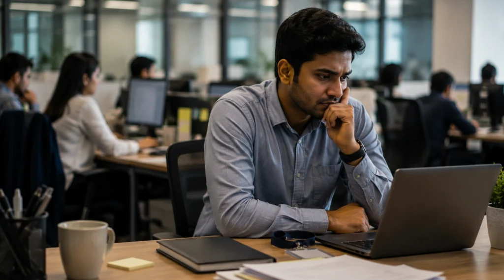 Indian corporate employee thinking about resignation and notice period process
