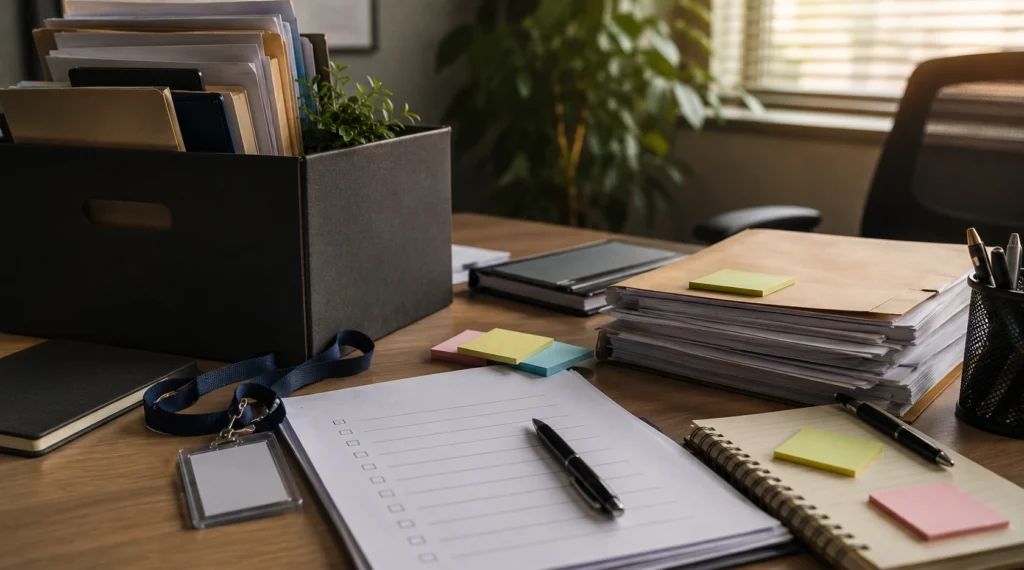 corporate handover documents access card and exit checklist on office desk