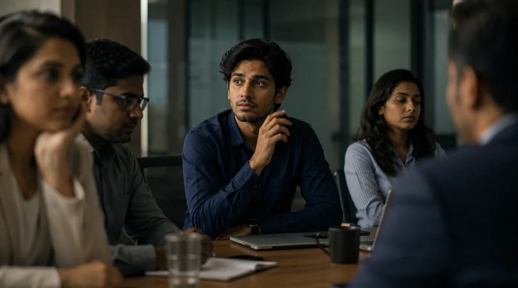 Indian office employee wanting to ask a question during meeting but staying silent