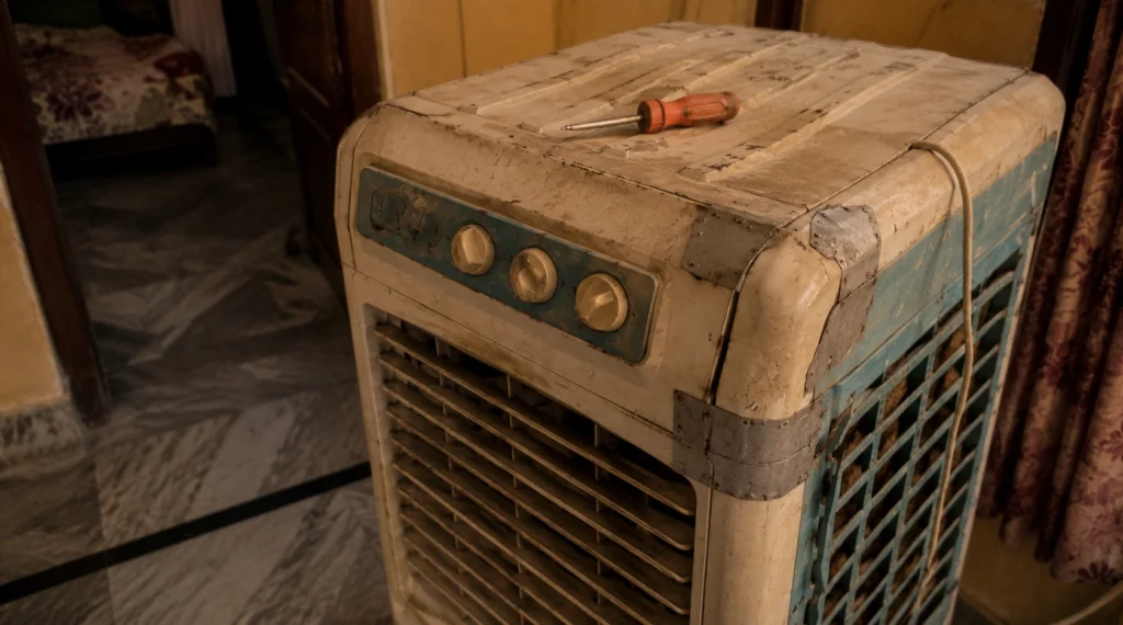 Old cooler with screwdriver placed on top inside Indian home