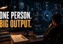 Solo founder using AI tools from modern workspace at night