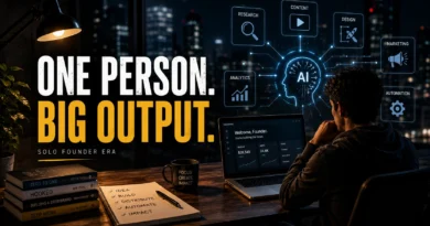 Solo founder using AI tools from modern workspace at night