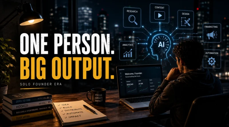 Solo founder using AI tools from modern workspace at night