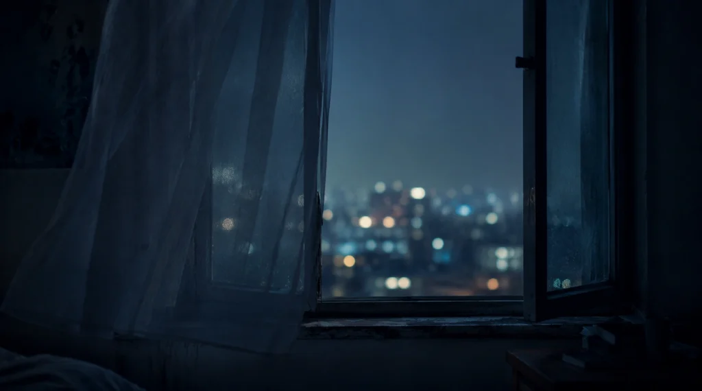 Half-open window with distant city lights and quiet night atmosphere