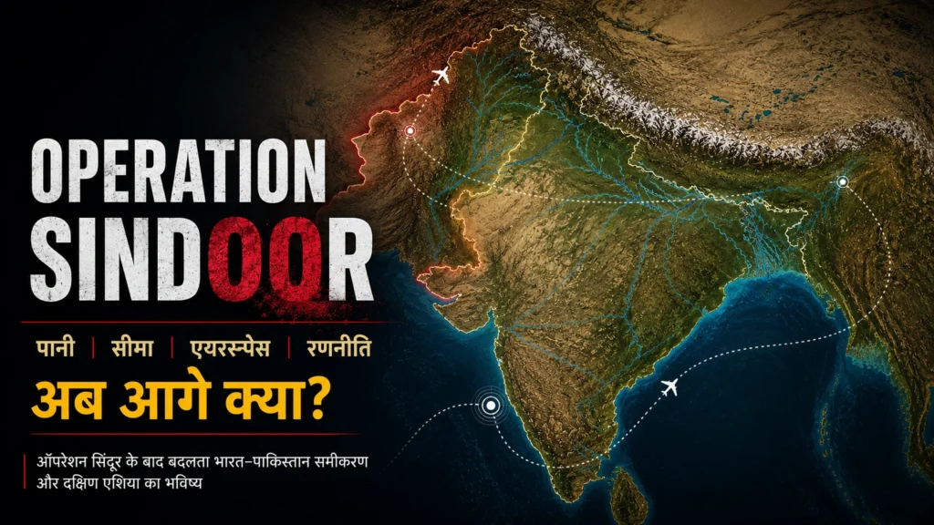 Operation Sindoor feature graphic showing South Asia map with India-Pakistan geopolitical impact, airspace, water and border strategy analysis
