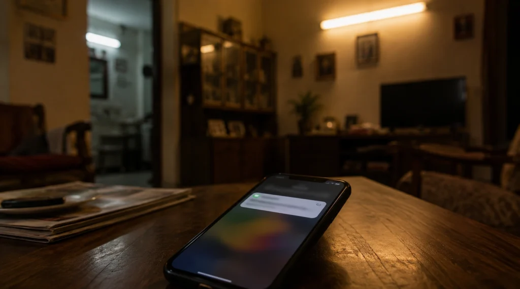 OTP notification glowing on smartphone screen in dim living room