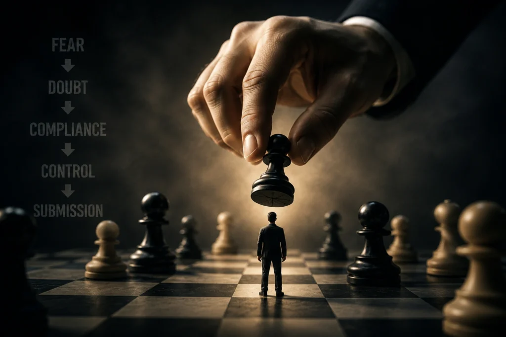 A lone man standing on a chessboard while a giant hand controls the situation like a psychological game.