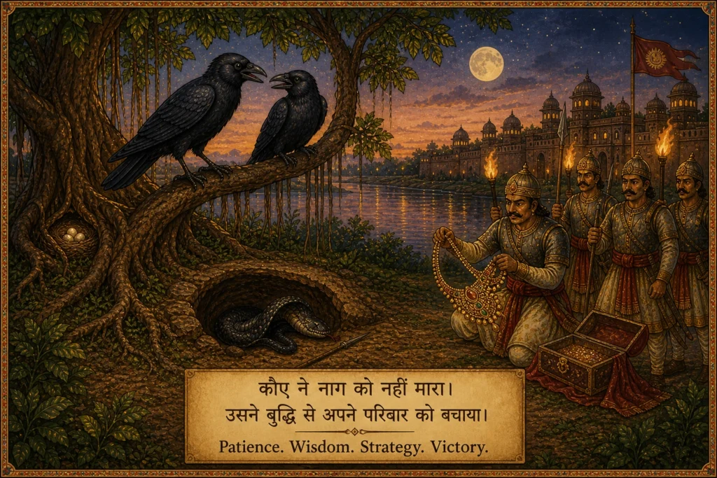 कौआ और कौई पेड़ पर सुरक्षित बैठे हैं, नीचे मरा हुआ नाग और सैनिक हार वापस ले रहे हैं