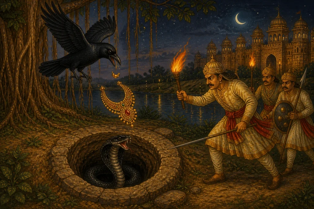 कौआ हार को नाग की खोह में गिराता हुआ और सैनिक मशाल लेकर आते हुए — Panchatantra कहानी का turning point