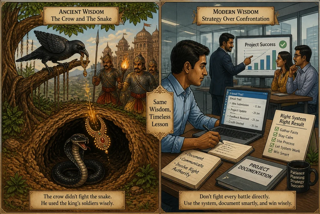 एक तरफ काग और नाग की कहानी, दूसरी तरफ ऑफिस में व्यक्ति documentation करते हुए — strategy vs confrontation