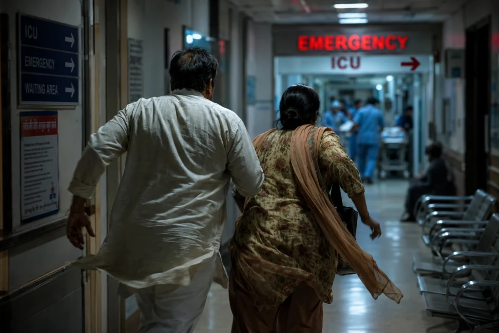मां और पिता अस्पताल के ICU कॉरिडोर में भागते हुए