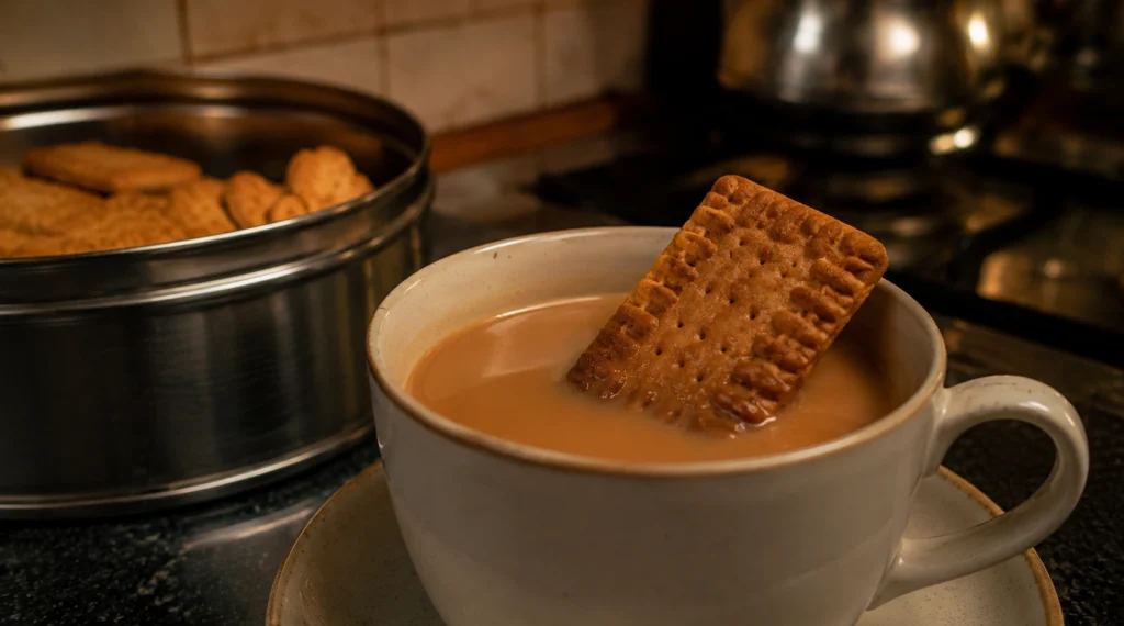 Parle-G biscuit dipped in tea inside Indian home
