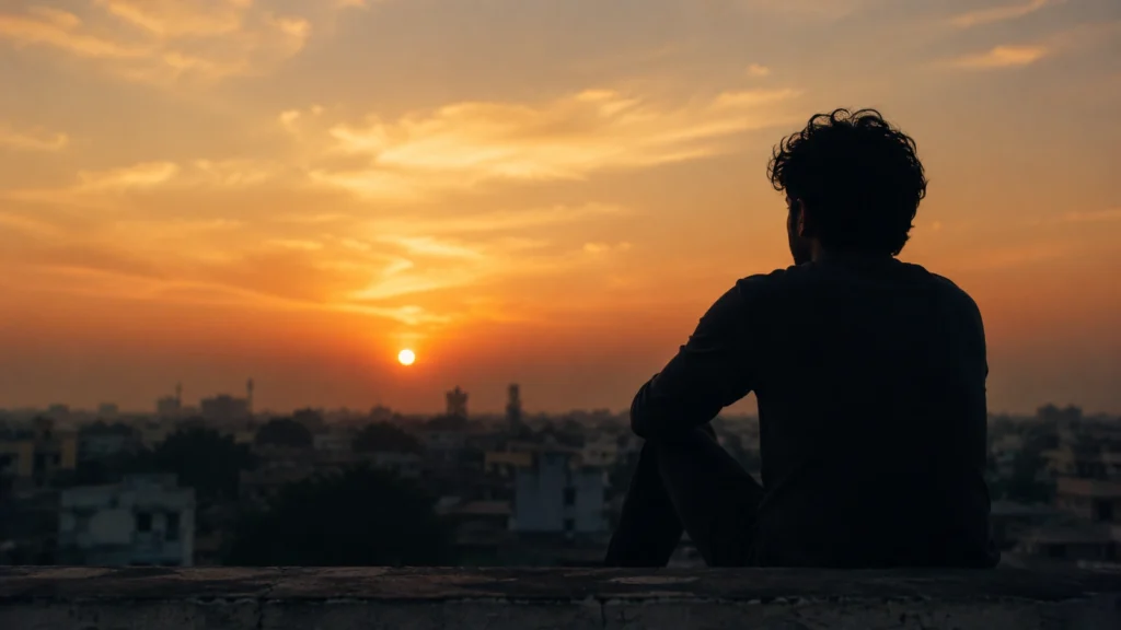Silhouette of person sitting peacefully on rooftop during sunrise observing the sky calmly