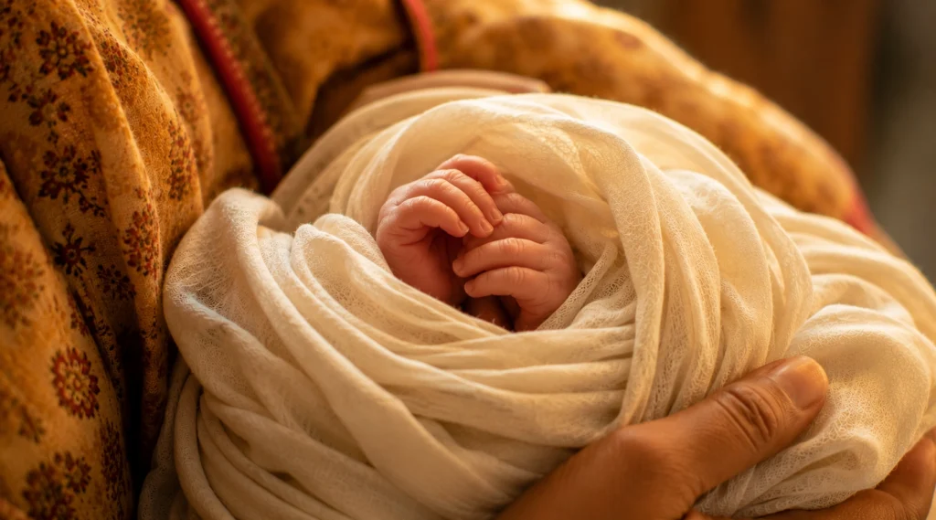 Tiny newborn hands wrapped gently in warm cloth during Kangaroo Mother Care