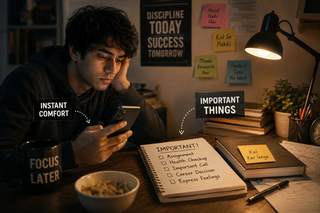 Young person choosing instant comfort over important responsibilities