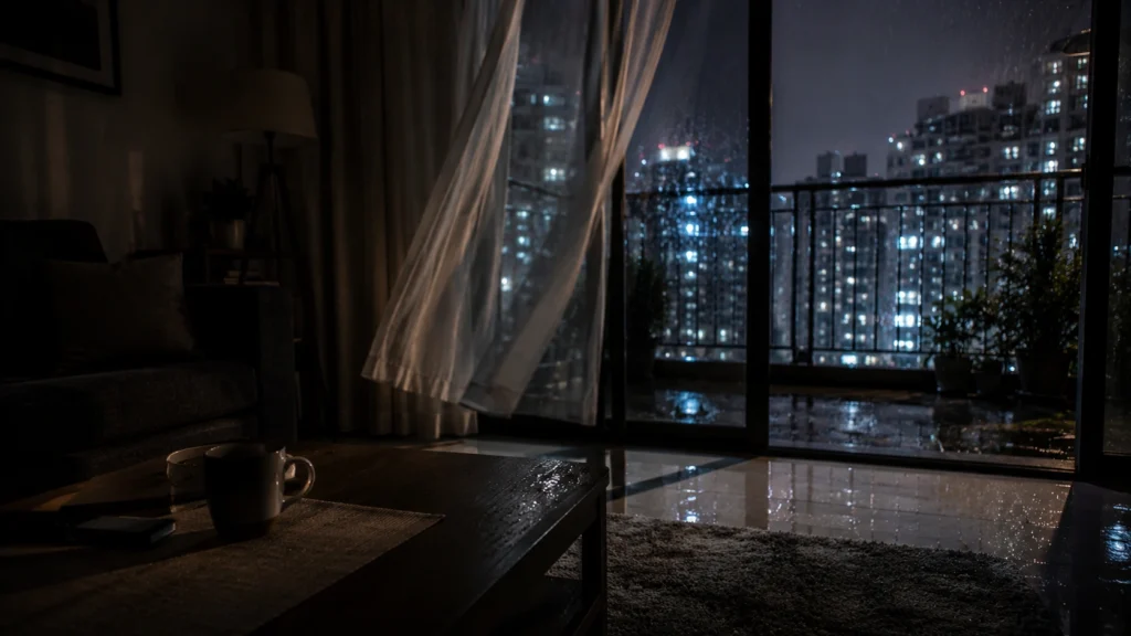 Silent apartment living room after rainy night