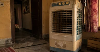 Old desert cooler inside Indian middle-class home during summer evening
