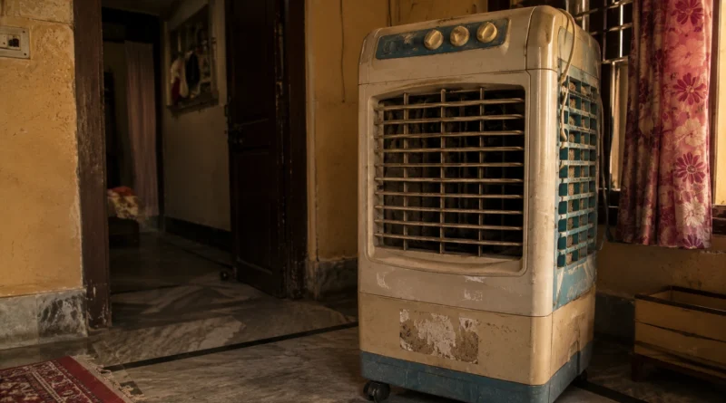 Old desert cooler inside Indian middle-class home during summer evening