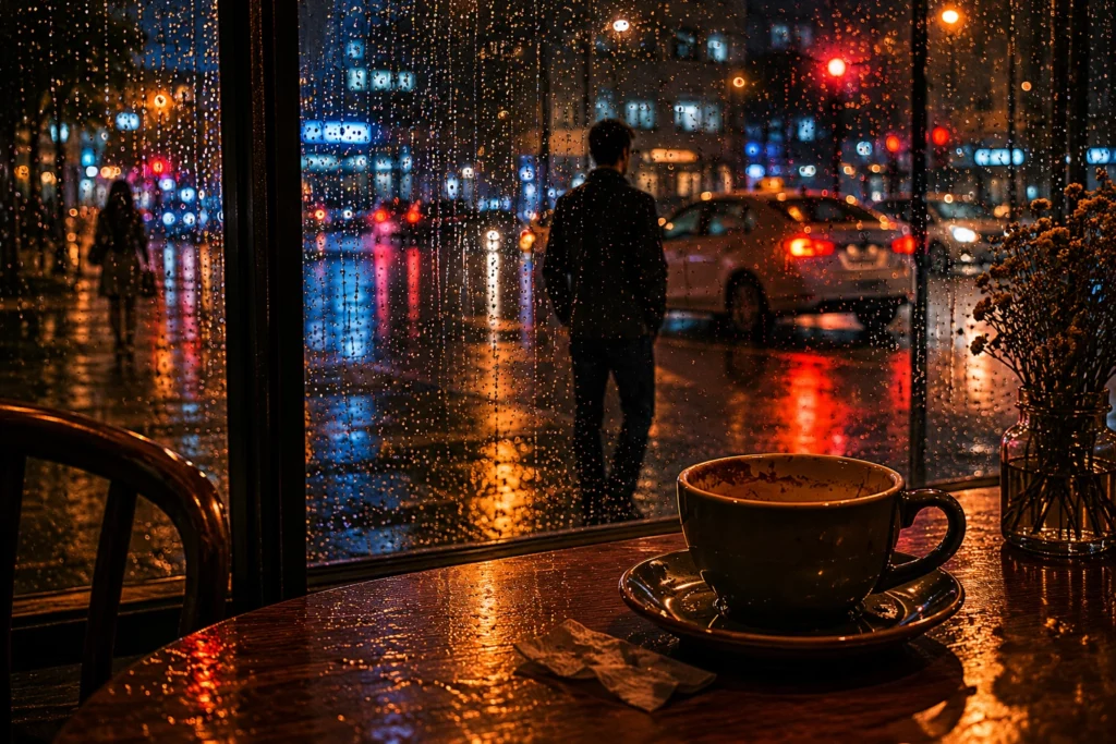 Silhouette outside rainy Delhi café beside empty coffee cup at night