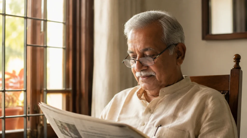 Elderly Indian man reading a newspaper while wearing reading glasses near a window.