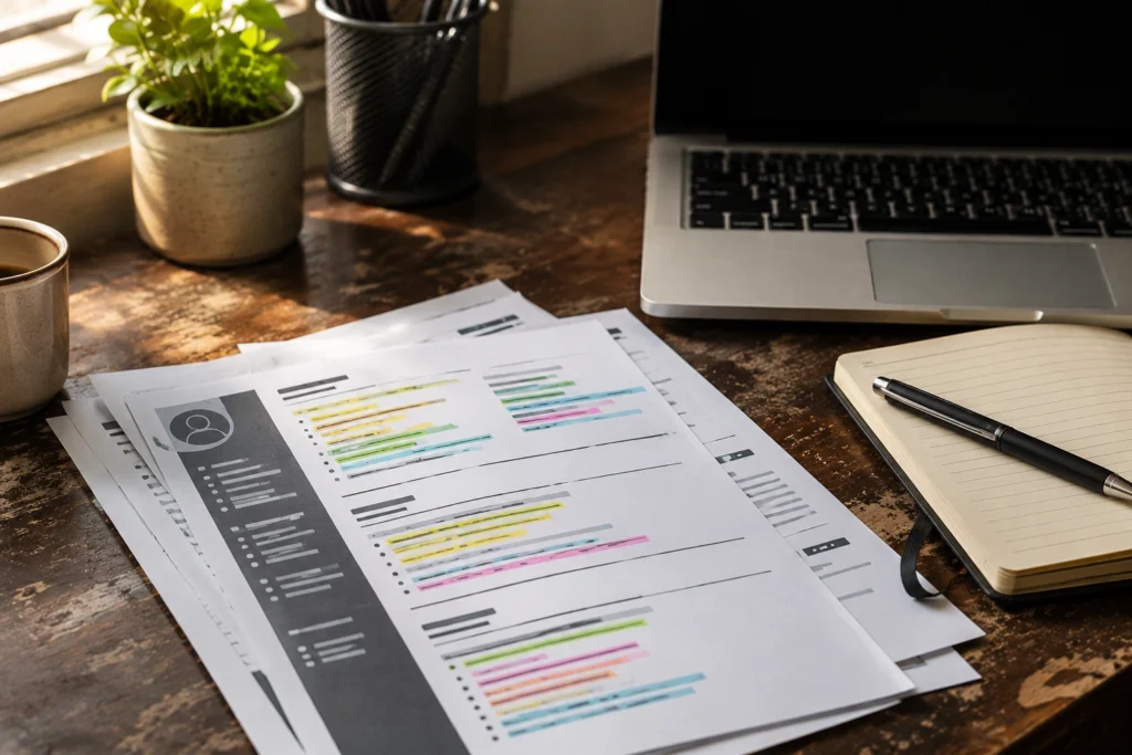 Printed resumes with highlighted keywords on office desk