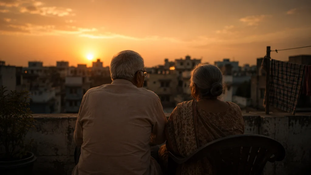 सूर्यास्त देखते हुए बुज़ुर्ग भारतीय दंपति