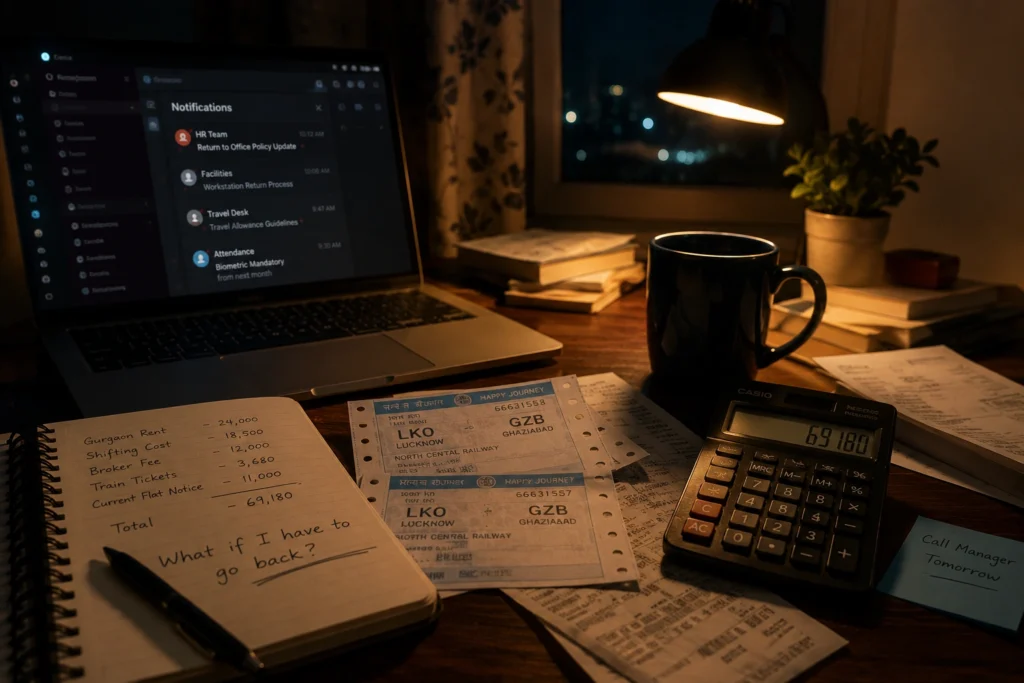 laptop notifications beside travel planning documents during return to office uncertainty