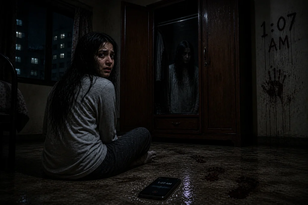 Girl sitting on wet floor looking at wardrobe with eerie reflection inside