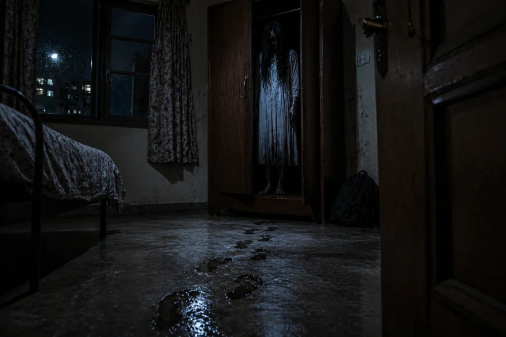 Wet footprints leading to a wardrobe inside a dark room at night