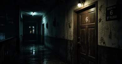 Delhi PG corridor with room number 6 door and dark eerie lighting