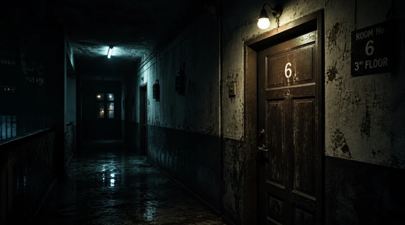 Delhi PG corridor with room number 6 door and dark eerie lighting