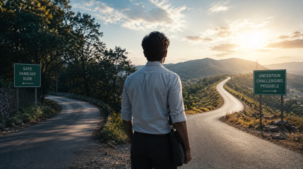 Indian professional standing at a crossroads between a safe road and an uncertain opportunity