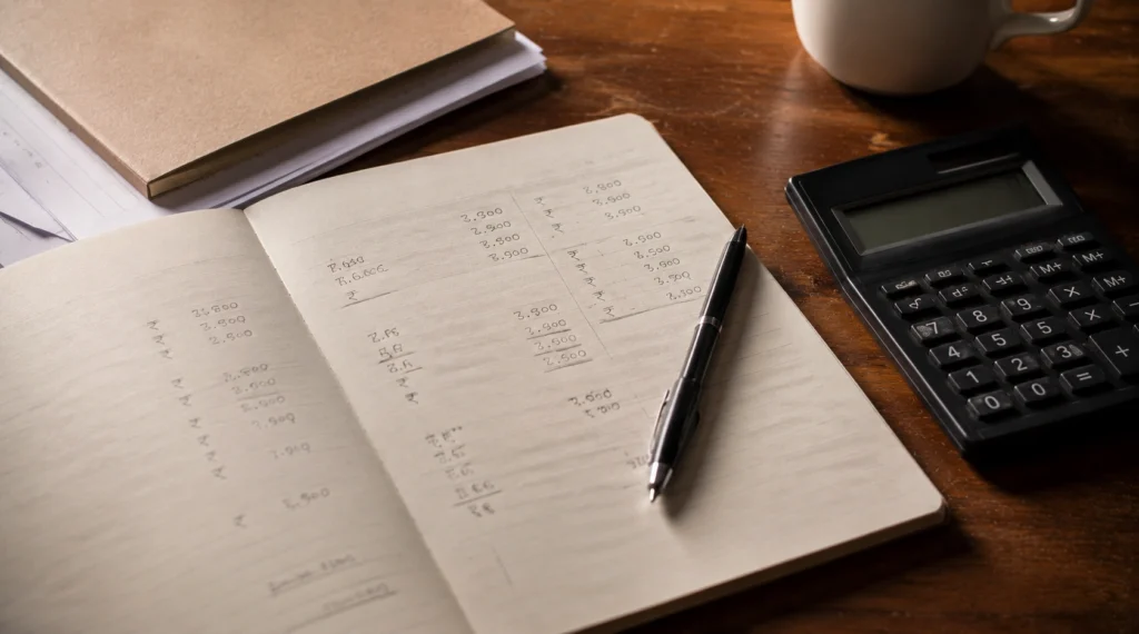 Notebook में salary calculations और calculator, salary compounding concept India