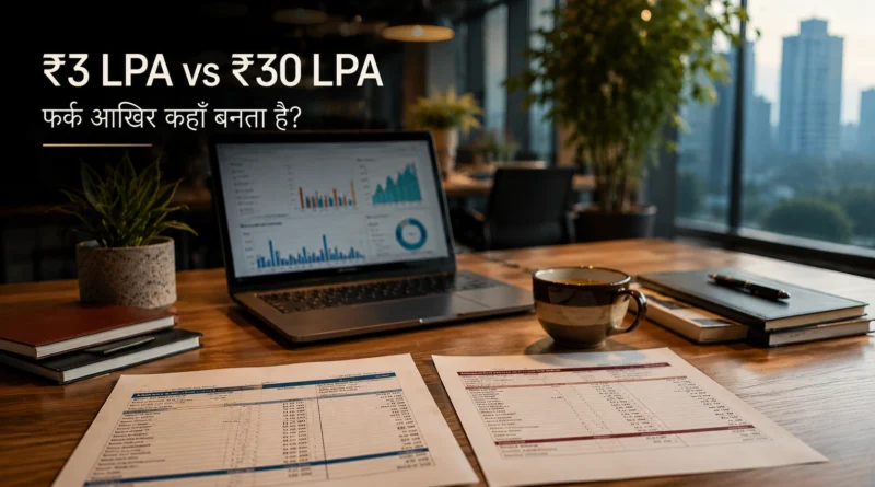 Indian corporate workspace showing salary documents, laptop with growth charts and career growth atmosphere
