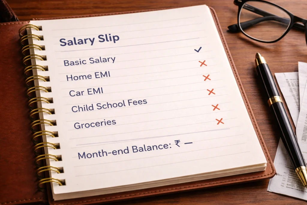 Notebook showing salary expenses and zero month-end balance on office desk