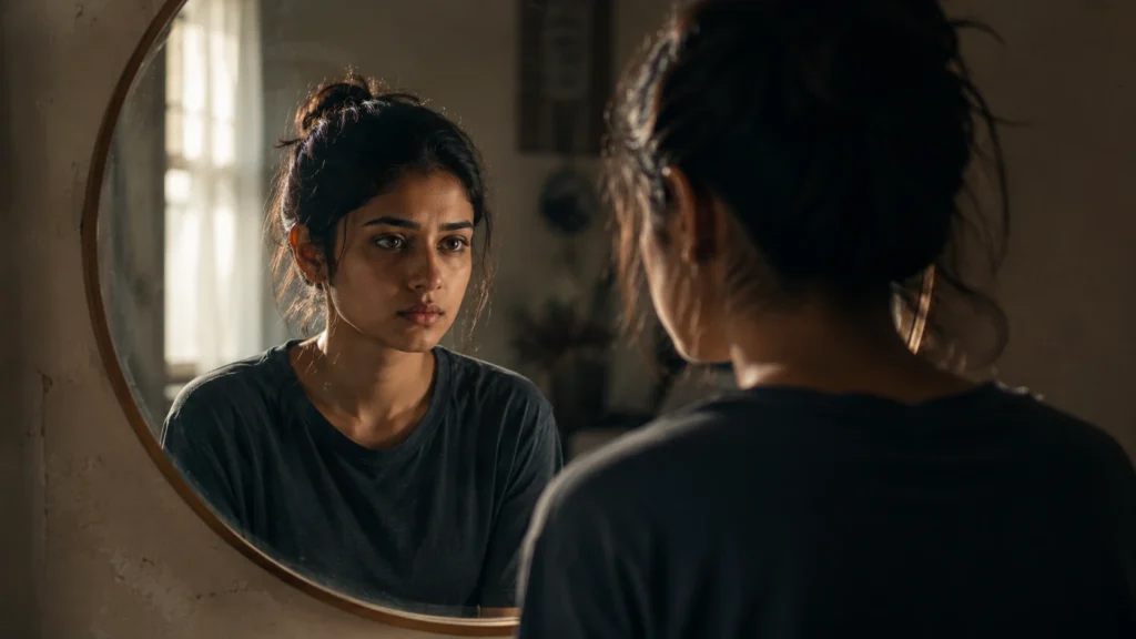 mirror में खुद को गंभीरता से देखती हुई युवा महिला